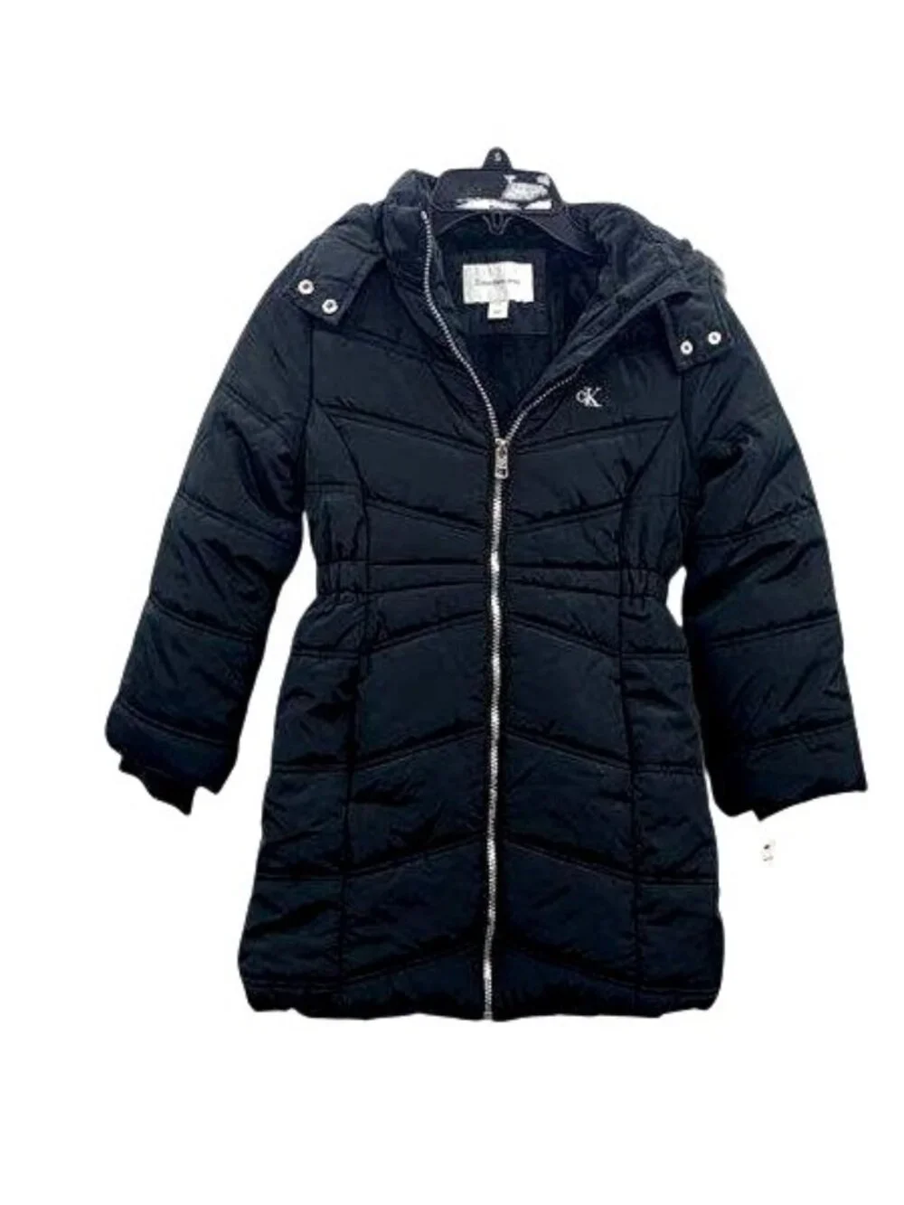 Calvin Klein Jeans Girls Black Puffer Coat With Faux Fur Hood Size 6X NWT